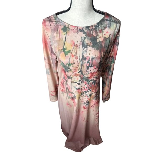 MISSLOOK Pink Flower Maxi Dress Tan Green Yellow Long Sleeve Knit Size Large - Picture 1 of 5